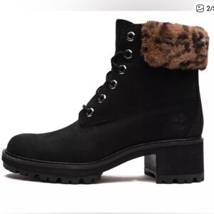 Timberland Women's Leather Black heel Boots with Faux leopard Fur Cuff